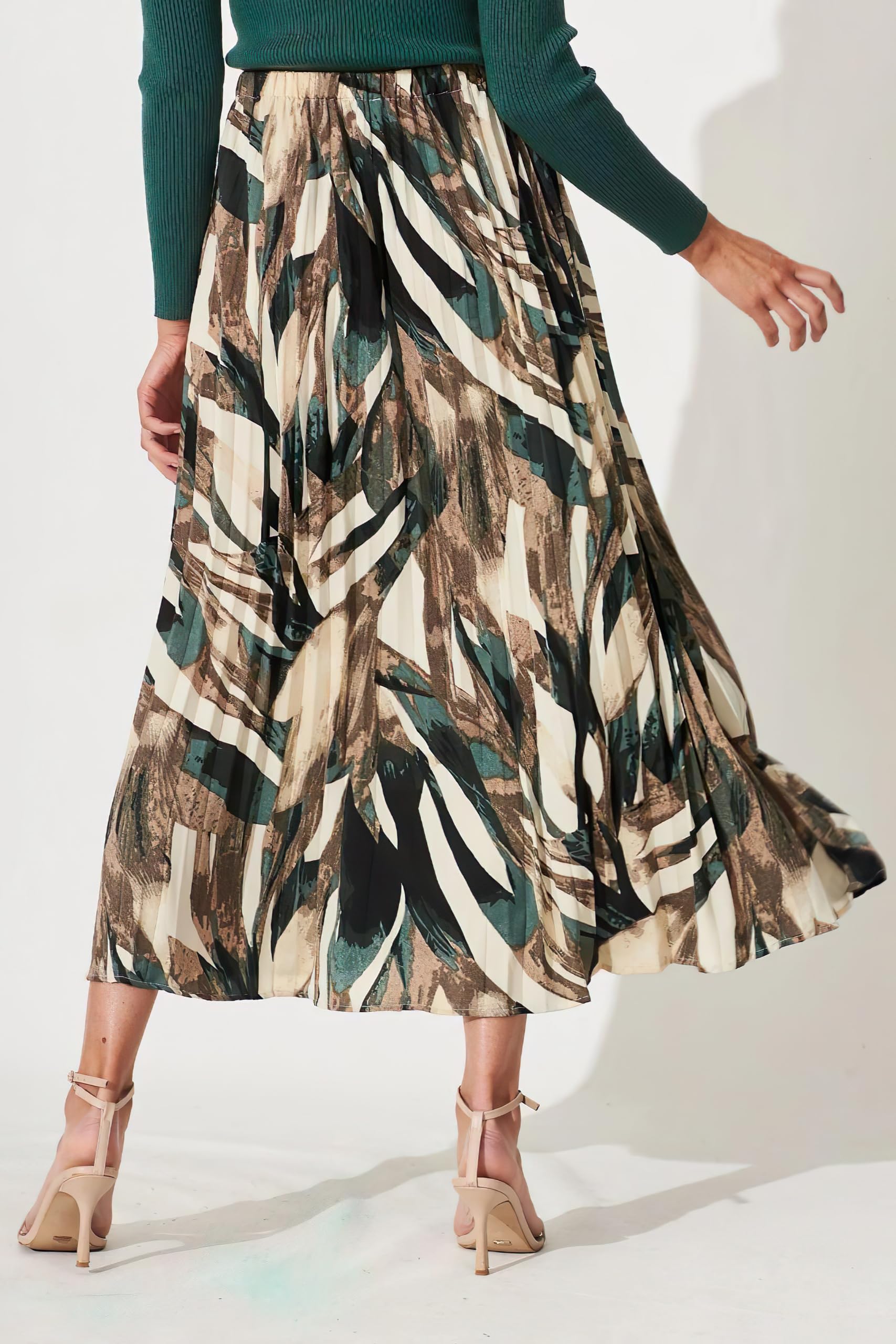 Kzully | Printed Pleated Long Skirt Versatile Elegance For Every Occasion Olive