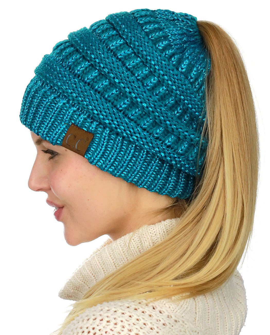 C.C BeanieTail Soft Stretch Cable Knit Messy High Bun Ponytail Beanie Hat, Teal Metallic