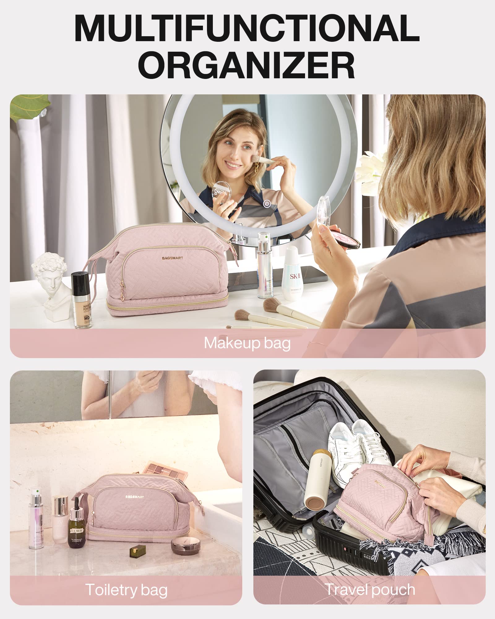 BAGSMART Travel Makeup Bag, Cosmetic Bag Make Up Organizer Case, Dorm Room Essentials Large Wide-open Pouch Women Travel Essenti