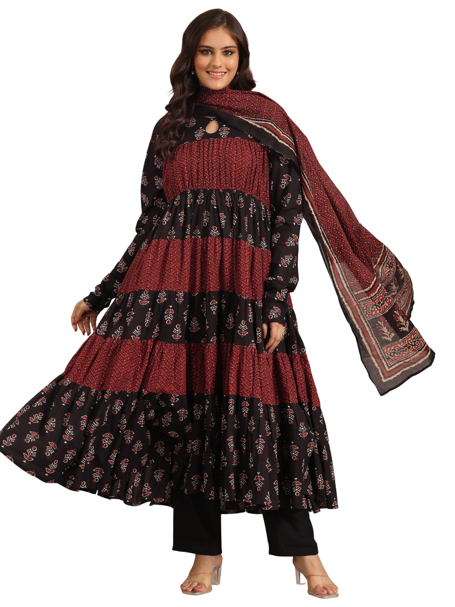 Black Maroon Floral Printed Flared Anarkali Kurta With Solid Churidar And Solid Chiffon Dupatta