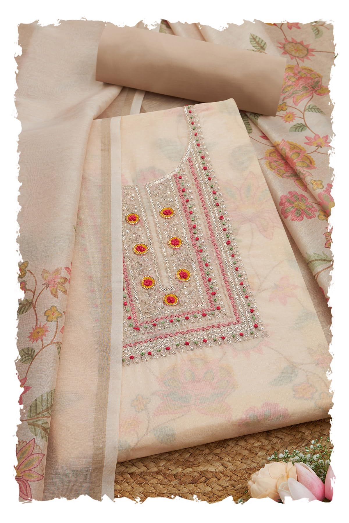 Soch Women Chanderi Floral Print Unstitched Dress Material with Zari