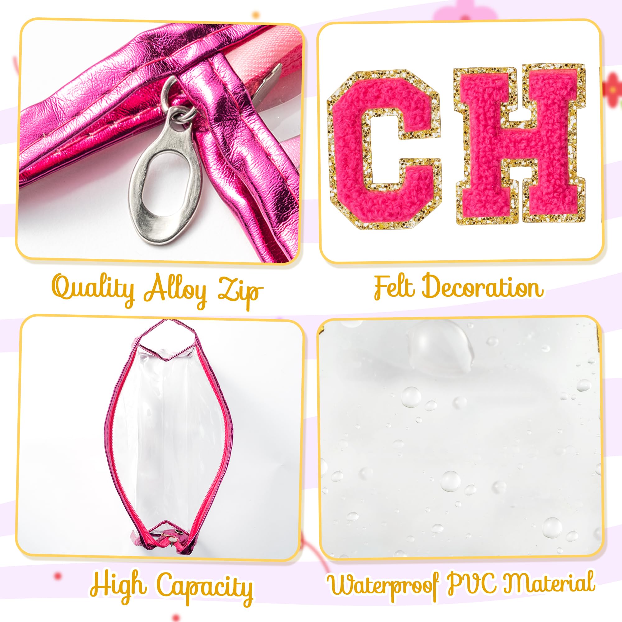 Y1tvei CHEER Clear Makeup Bag - Preppy Rose Red Cheer Chenille Patch Cosmetic Pouch Extra Large PVC Transparent Toiletry Carry B