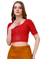 Pujia Mills WomenS Readymade Hosiery Lycra Stretchable Round Neck Half Sleeve Blouse With Swaroski Work Fancy Lycra Stretchable
