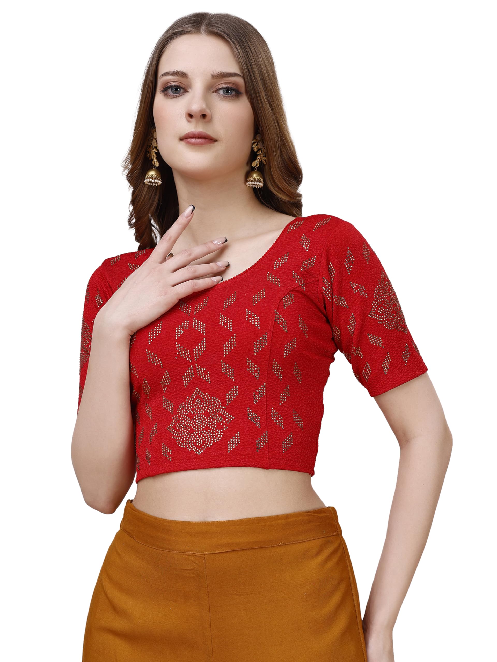 Pujia Mills WomenS Readymade Hosiery Lycra Stretchable Round Neck Half Sleeve Blouse With Swaroski Work Fancy Lycra Stretchable