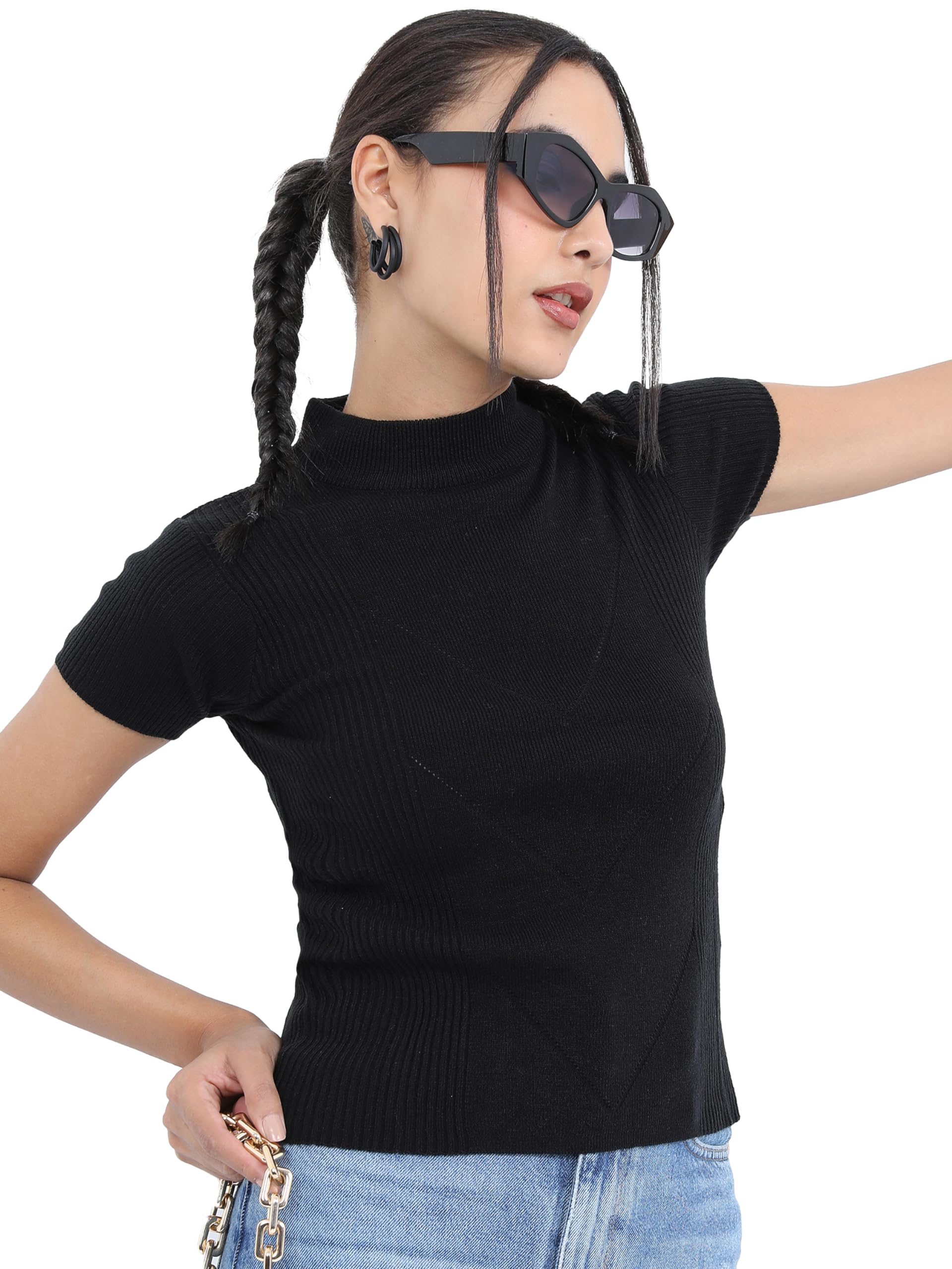 Ketch Womens Half Sleeve Slim Fit Sweater Khsw000019 Black Xl