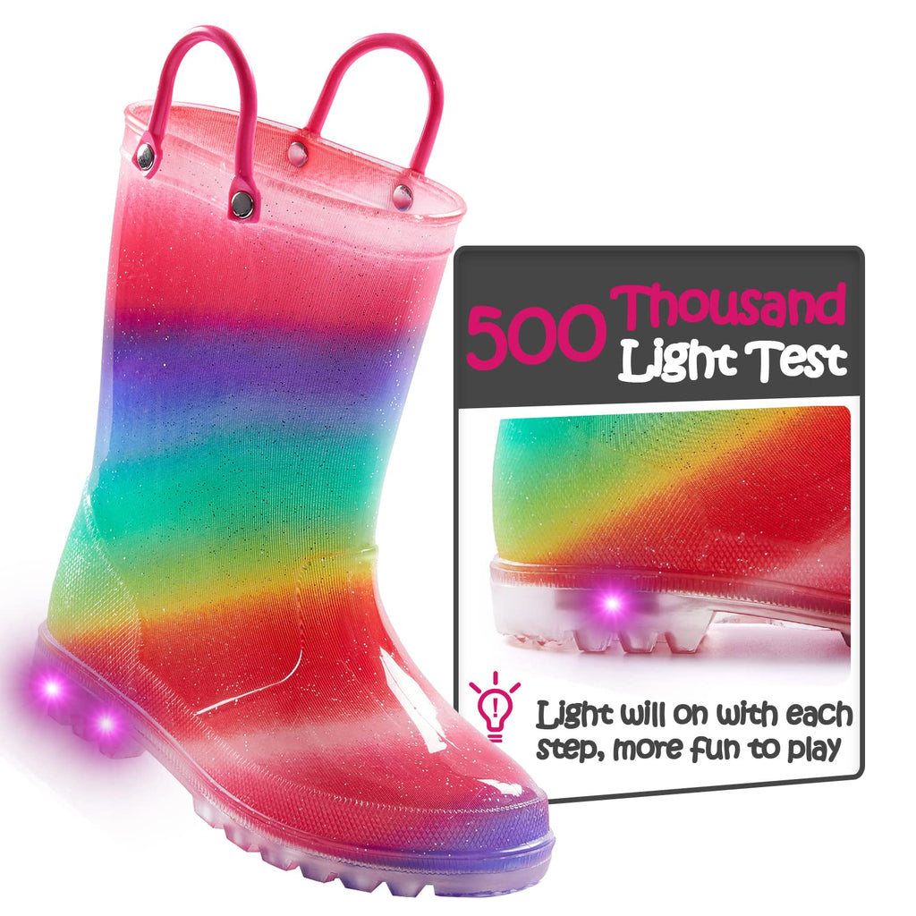 K KomForme Toddler Light Up Rain Boots Patterns and Glitter Rain Boots for Girls Boys with Handles,Shimmer Rainbow,11