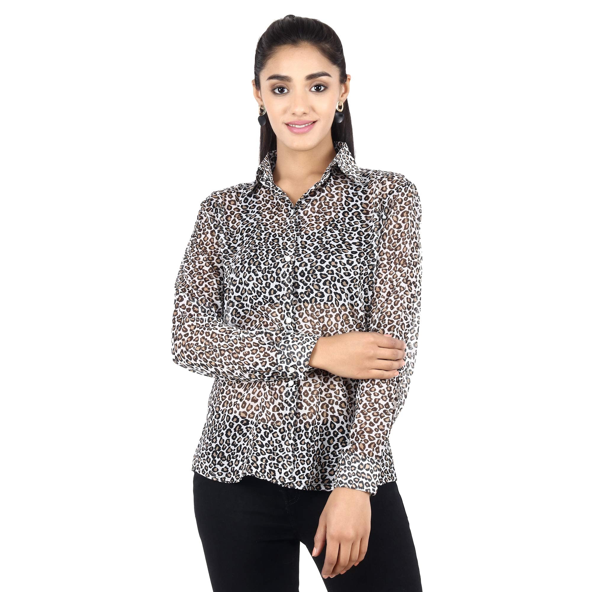 POPWINGS Womens Chiffon Leopard Print Shirt