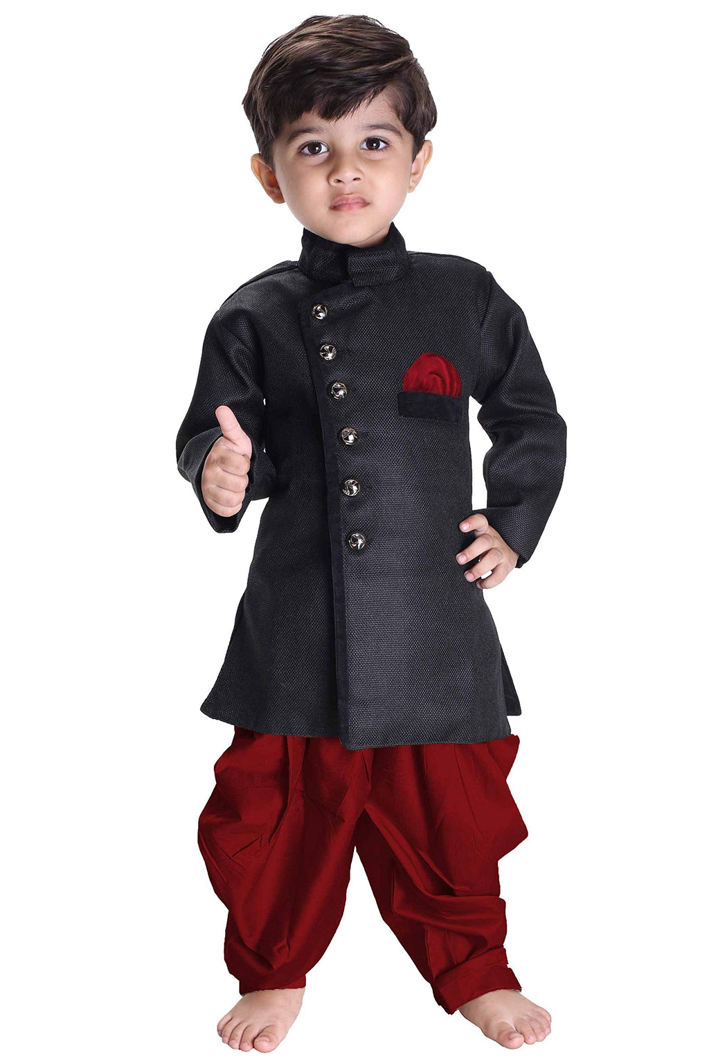 VASTRAMAY Baap Beta Cotton Blend Black and Maroon Indo Angrakha Style Sherwani Set for Father and Son - Perfect Ethnic Ensemble