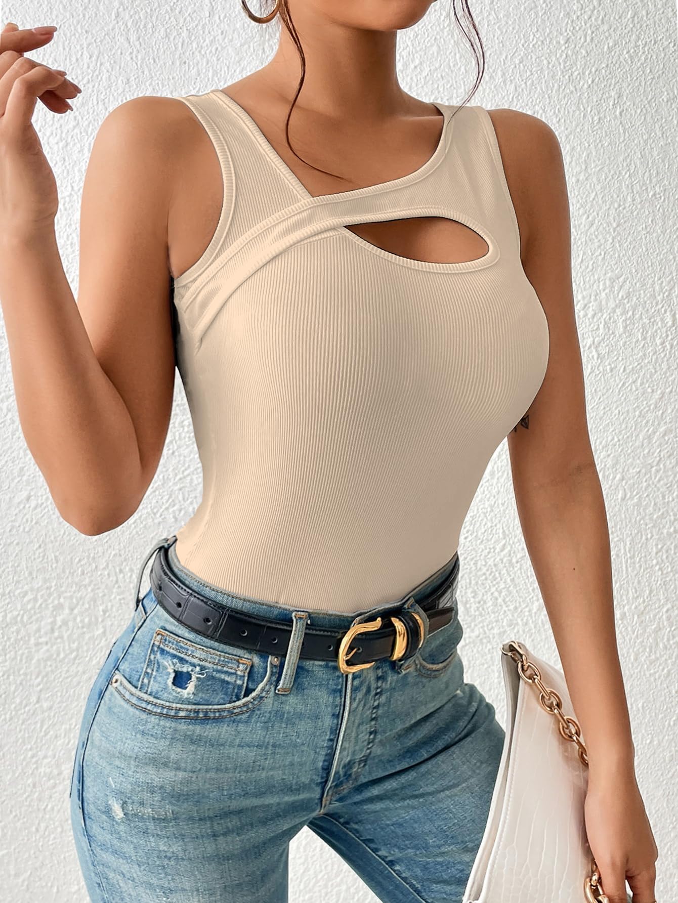 Sugathari Womens Skin Cut Out Asymmetrical Neck Rib Knit Jeans Korean Trendy Tank Western Tops for Women Stylish (T-Shirt 182 S