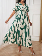 Shasmi WomenS & GirlS White Green V-Neck Printed Dress With Ruffled Hem And Belted Waist For Vacation, One Piece Maxi For Wome