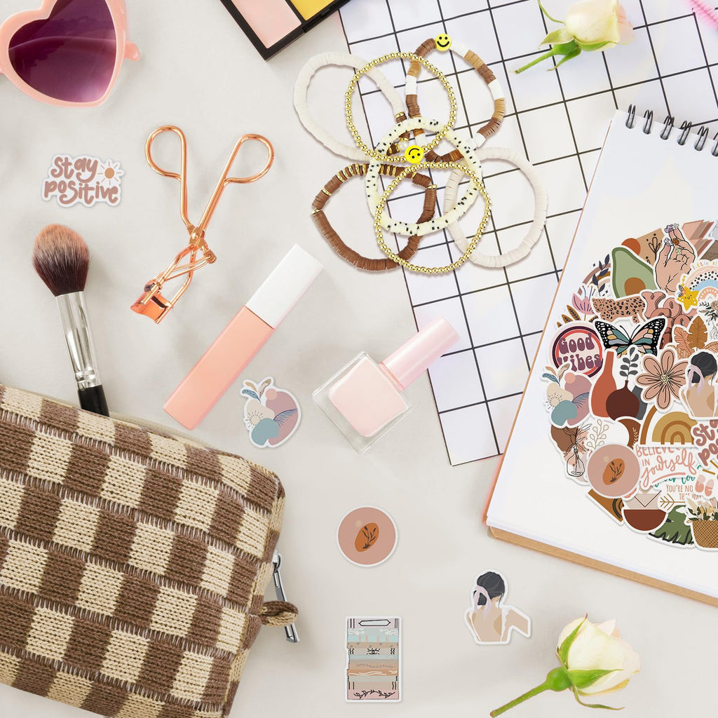 58 Pcs Aesthetic Makeup Bag Set With 7 Pcs Surfer Bracelets and 50 Pcs Stickers for Women Girls Teens Gift (Brown)