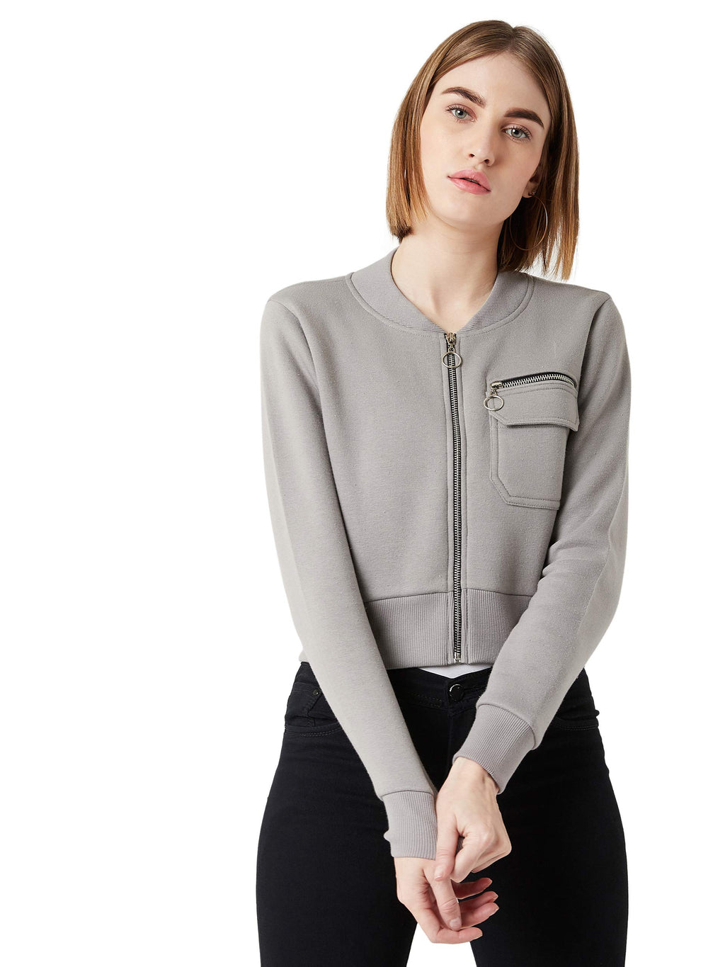Miss Chase Womens Full Sleeves Cropped Jacket (MCAW24JKT99-44-17-06, Grey, XL)