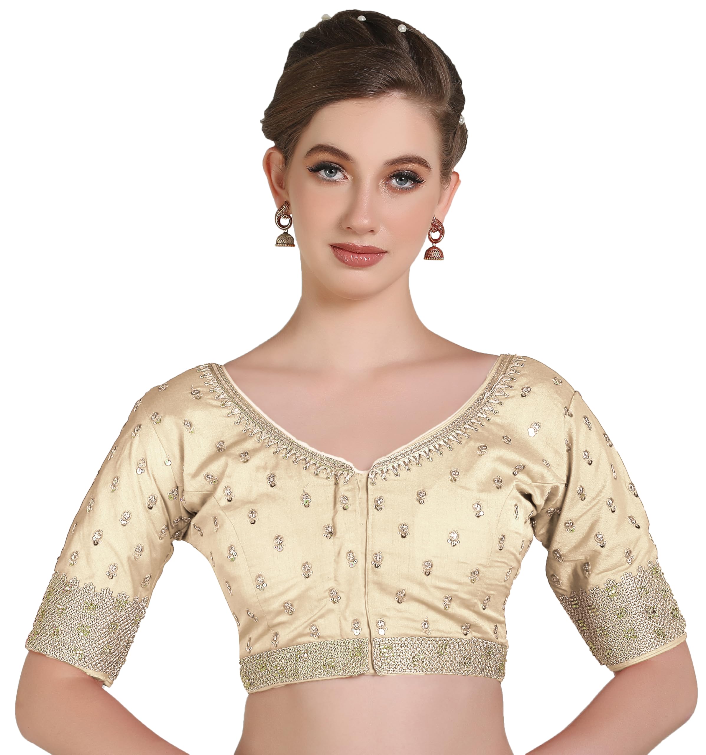 Pujia Mills Women Indian Ethnic Wear Designer Golden Codding With Zari Embroidered Diamond Work Round Neck Half Sleeve Readymade