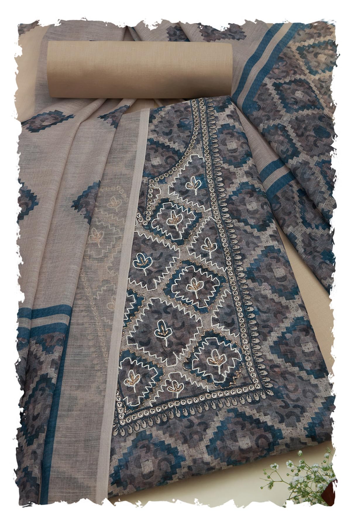 Soch Women Linen Ethnic Motifs Unstitch Dress Material with Thread Work