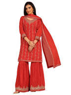 Libas Womens Embroidered Chinon Straight Kurta With Sharara and Dupatta