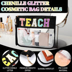 Hillban 2 Pcs Teacher Gifts Chenille Letter Bags Preppy Patch Makeup Bag Flat Clear Pouch PVC Organizer Purse Waterproof Travel