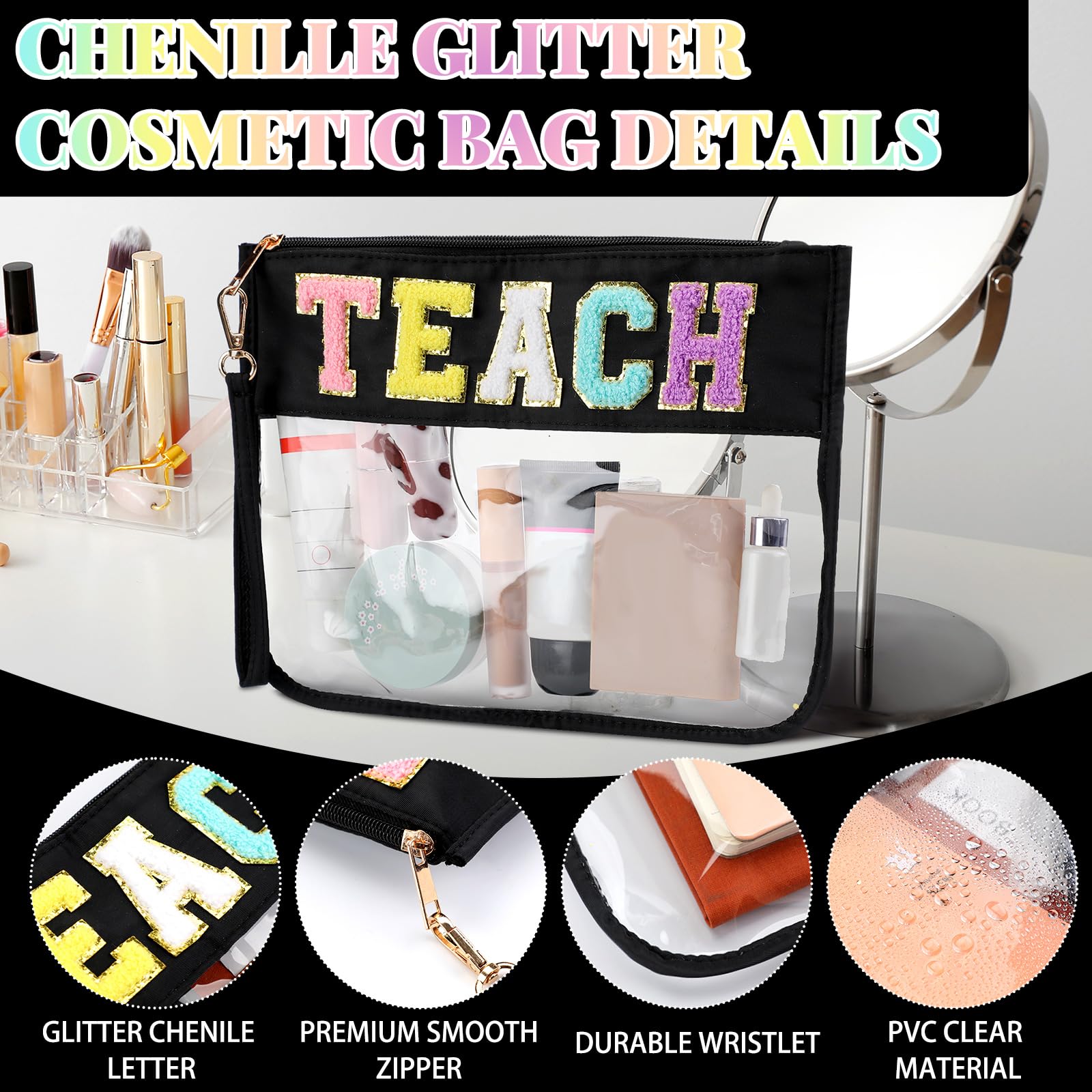 Hillban 2 Pcs Teacher Gifts Chenille Letter Bags Preppy Patch Makeup Bag Flat Clear Pouch PVC Organizer Purse Waterproof Travel