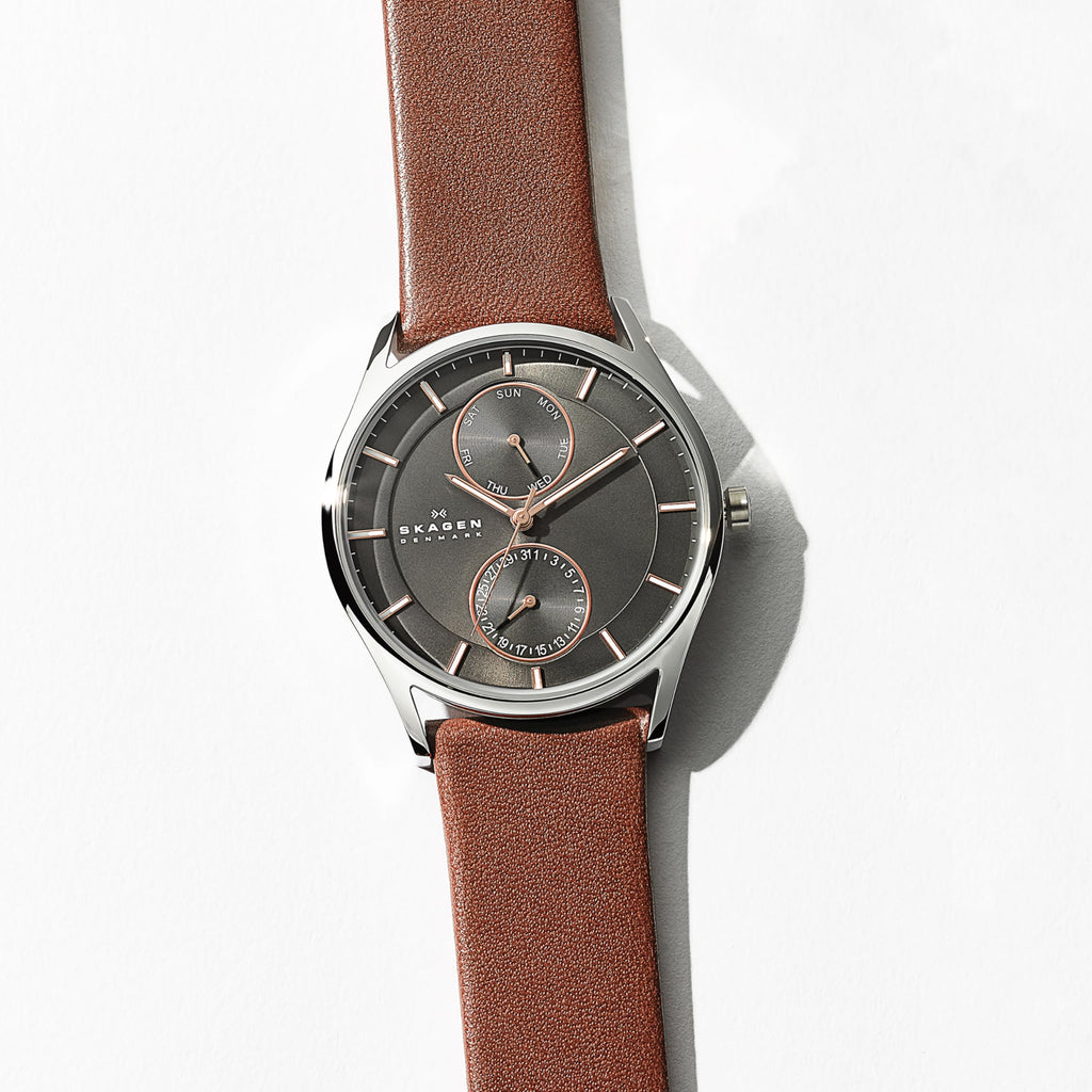 Skagen Men's Holst Multifunction Silver Stainless Steel and Brown Leather Band Watch (Model: SKW6086)