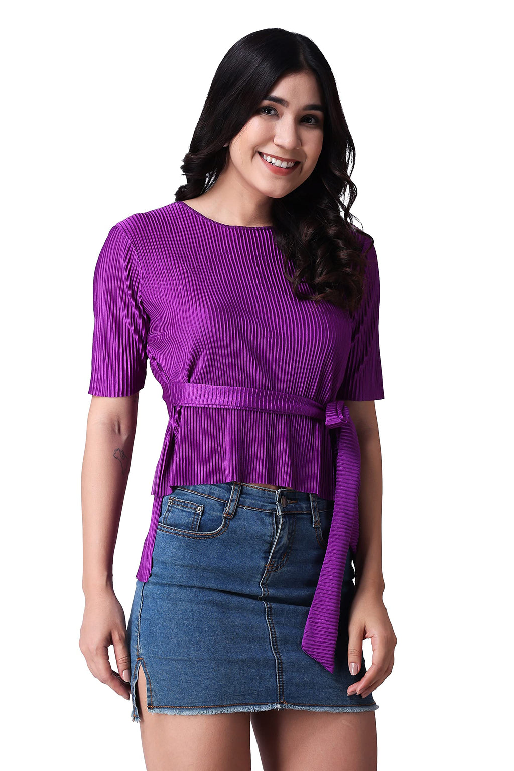 POPWINGS Casual Wrinkle Belt Top for Women || Round-Neck Stylish Summer Tops for Women || Half Sleeves Tops for Women Purple