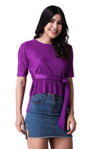 POPWINGS Casual Wrinkle Belt Top for Women || Round-Neck Stylish Summer Tops for Women || Half Sleeves Tops for Women Purple
