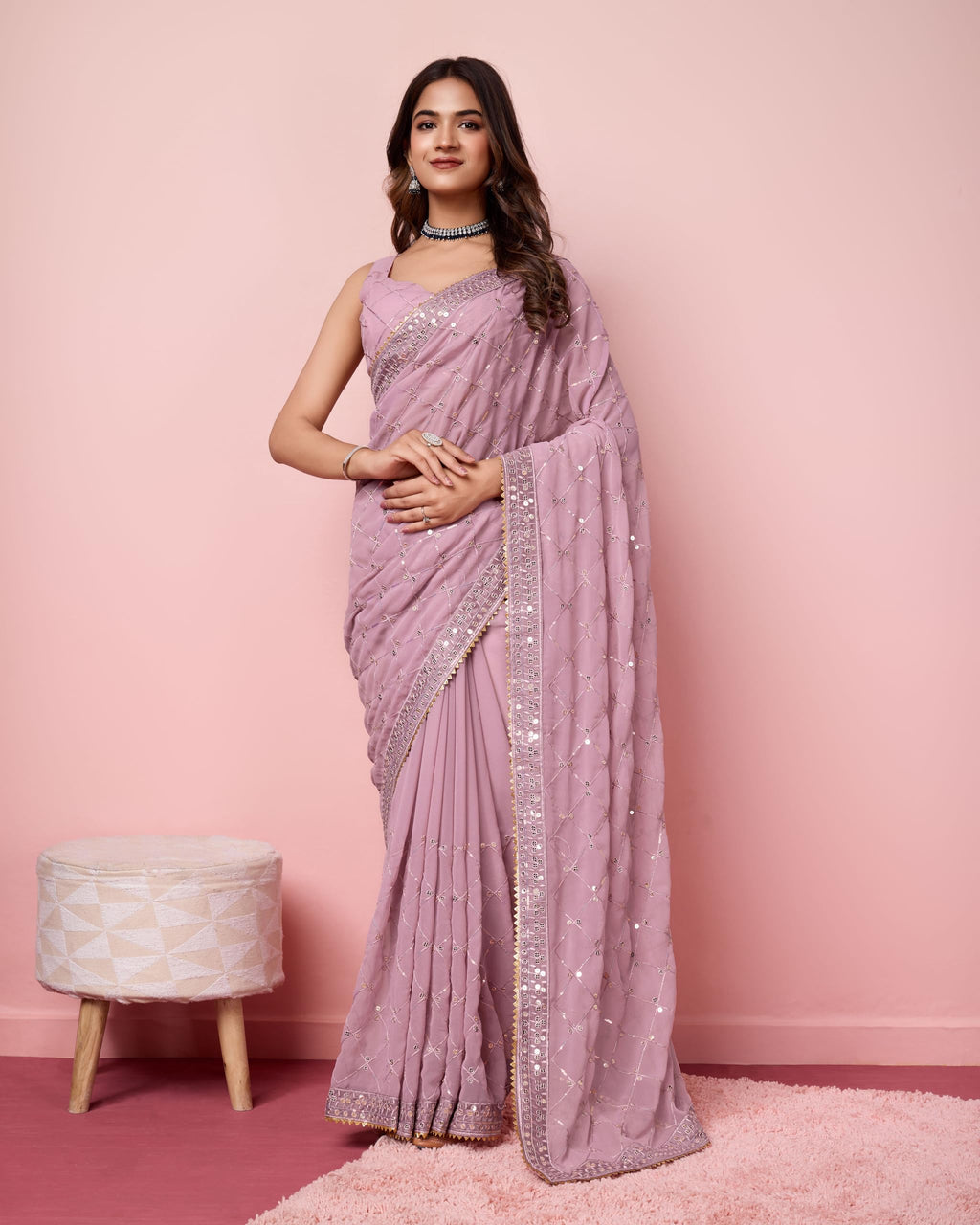 Vairagee Women Soft Georgette Emroidery Saree With Sequence Lace Unstitched Blouse (6236)
