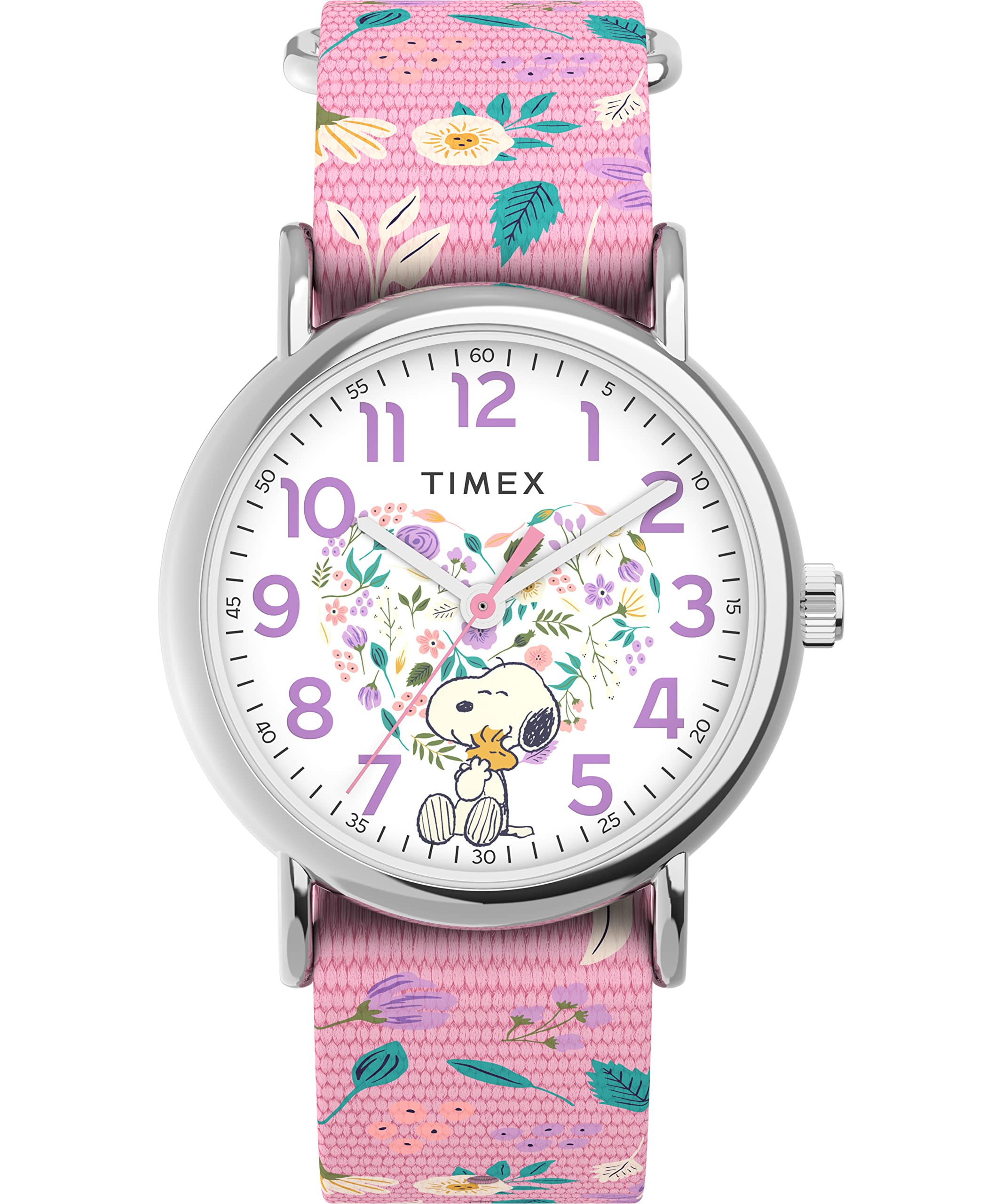 Timex X Peanuts in Bloom Women's Weekender 38mm Watch - Pink Strap White Dial Silver-Tone Case
