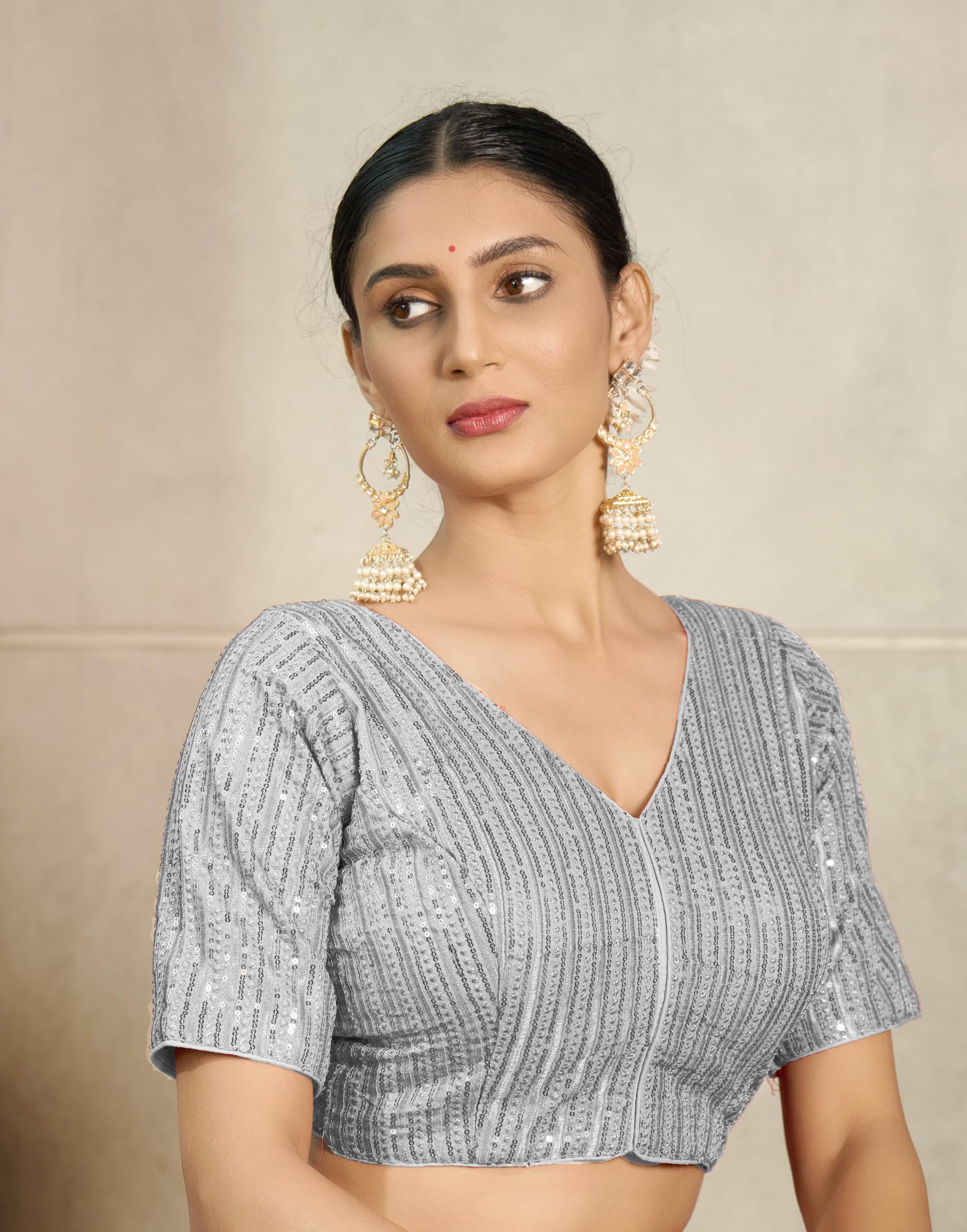 Pujia Mills WomenS Indian Ethnic Wear Designer Silver Sequence With Matching Embroidered Work V Neck Half Sleeve Readymade Padd