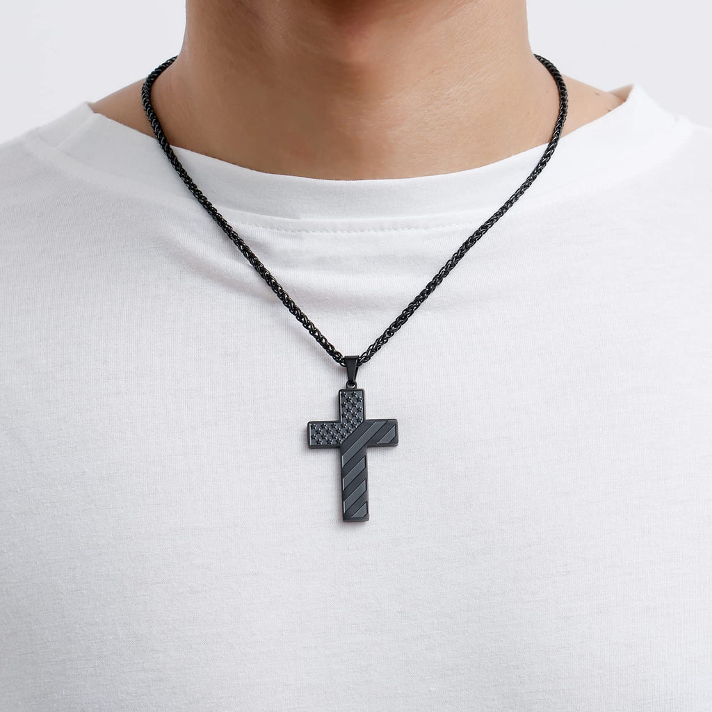 DuoDiner Black Cross Necklace for Boys Men Pendant Chain Stainless Steel American Flag Always Remember Religious Christian Confi