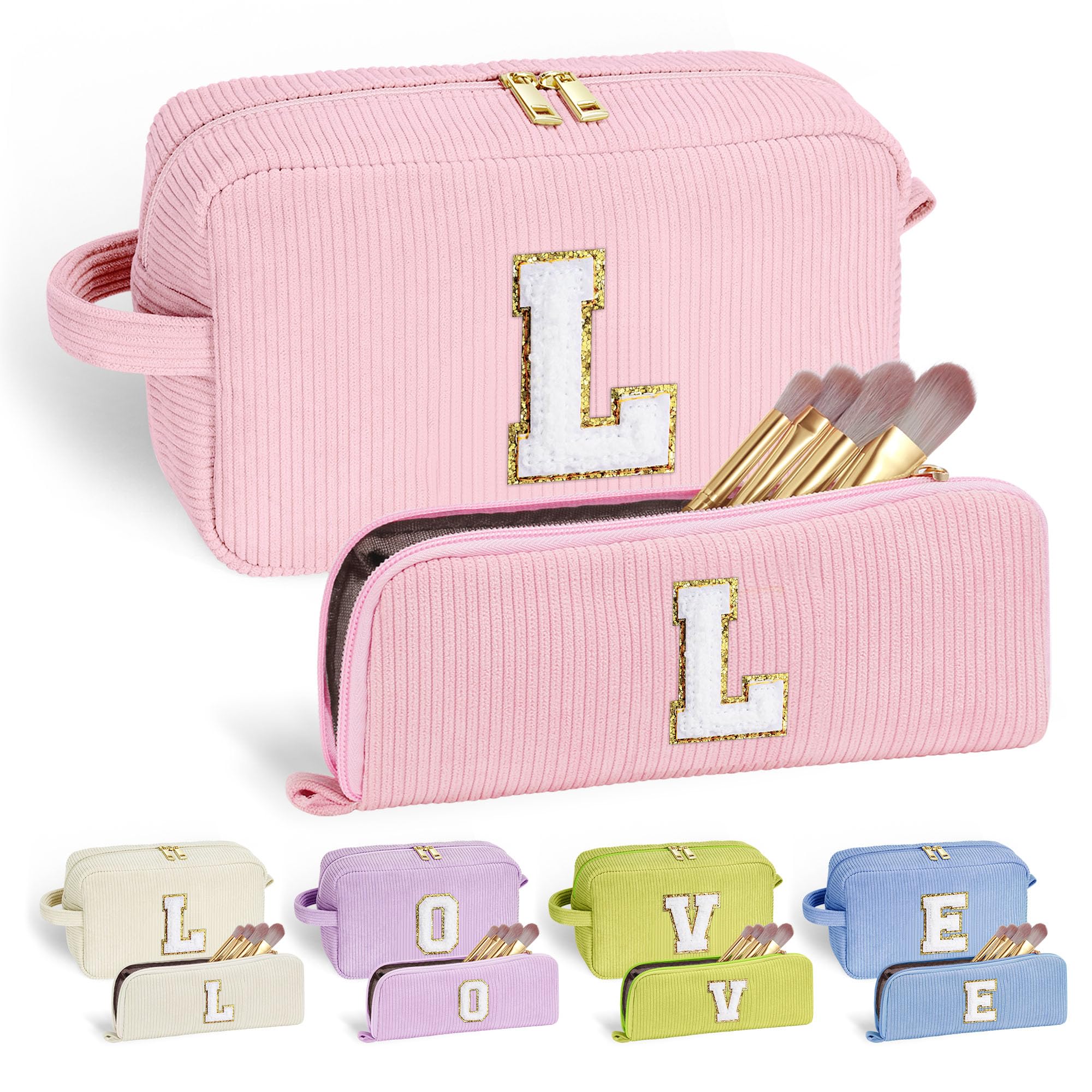 YOOLIFE 2 Travel Cosmetic Bags for Women - Preppy Stuff Travel Makeup Bag Makeup Brush Bag Makeup Bags Corduroy Pink Makeup Bag 