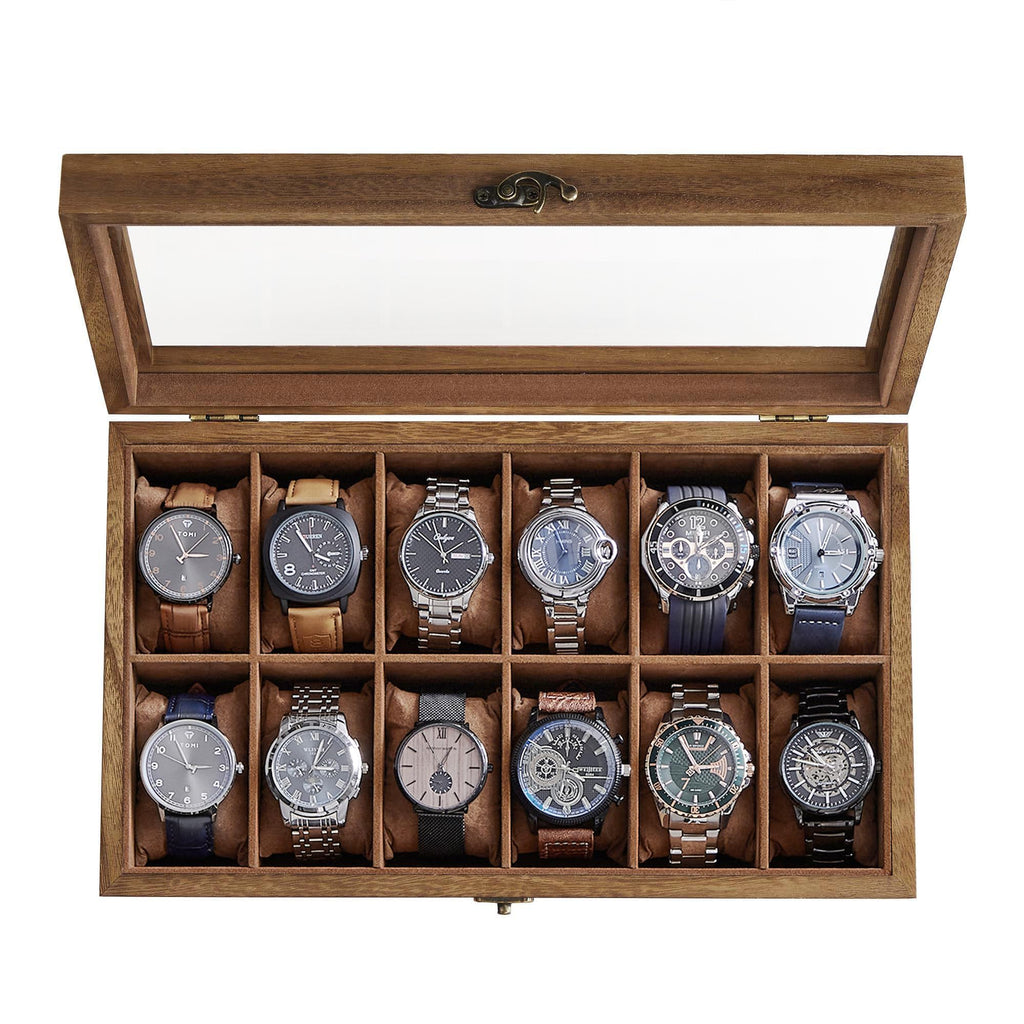 SONGMICS Watch Box, 12-Slot Watch Case, Solid Wood Watch Box Organizer with Glass Lid, Watch Display Case with Removable Pillows