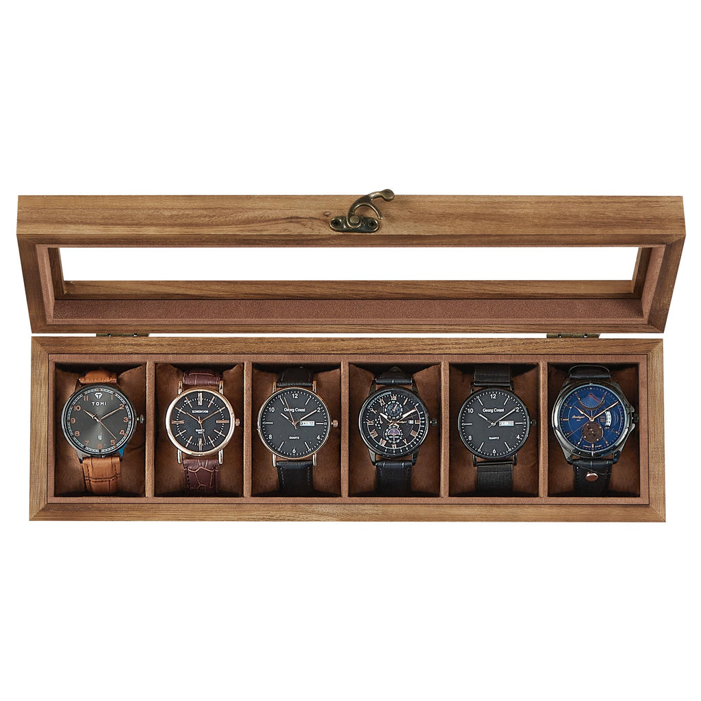 SONGMICS Watch Box, 6-Slot Watch Case, Solid Wood Watch Box Organizer with Glass Lid, Rustic Walnut UJOW006K01