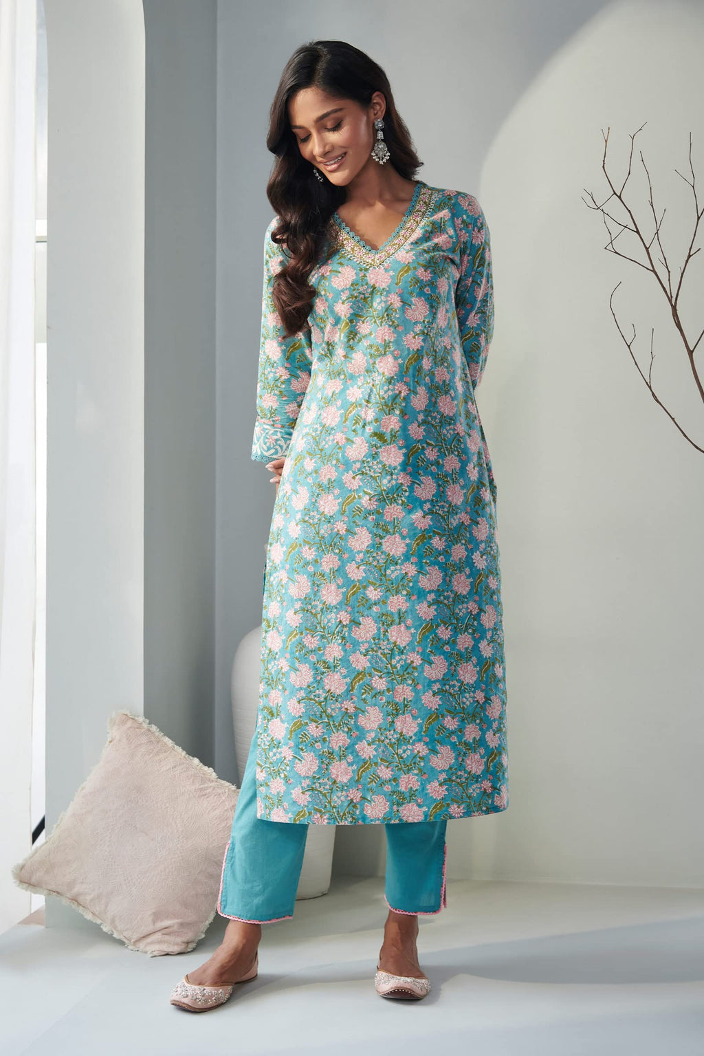 ANNI DESIGNER Womens Cotton Blend Straight Printed Kurta with Pant & Dupatta (Made Green_XXL_XX-Large_Green)