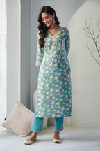 ANNI DESIGNER Womens Cotton Blend Straight Printed Kurta with Pant & Dupatta (Made Green_M_Medium_Green)