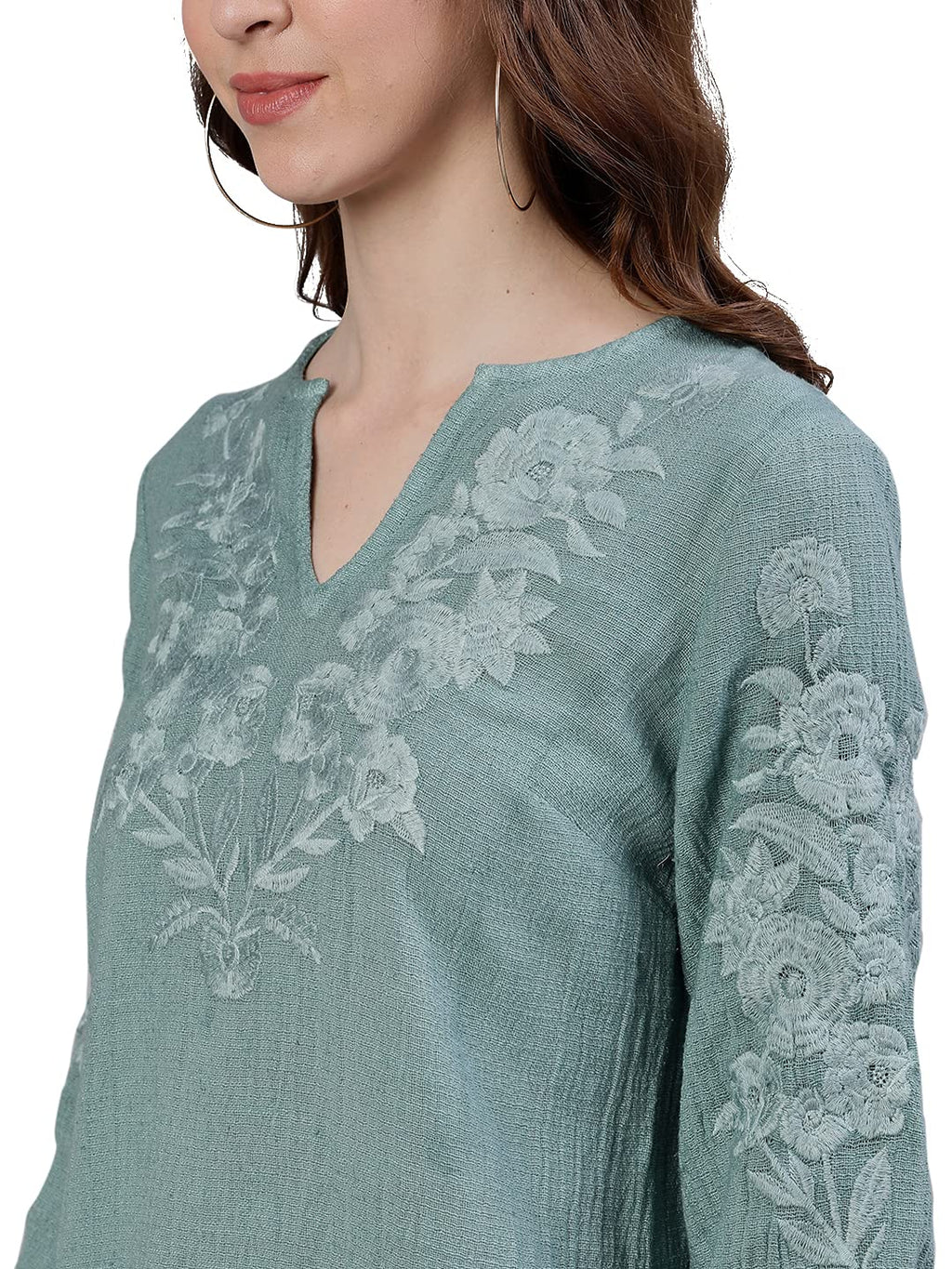 Ishin WomenS Cotton Sea Green Embroidered Top