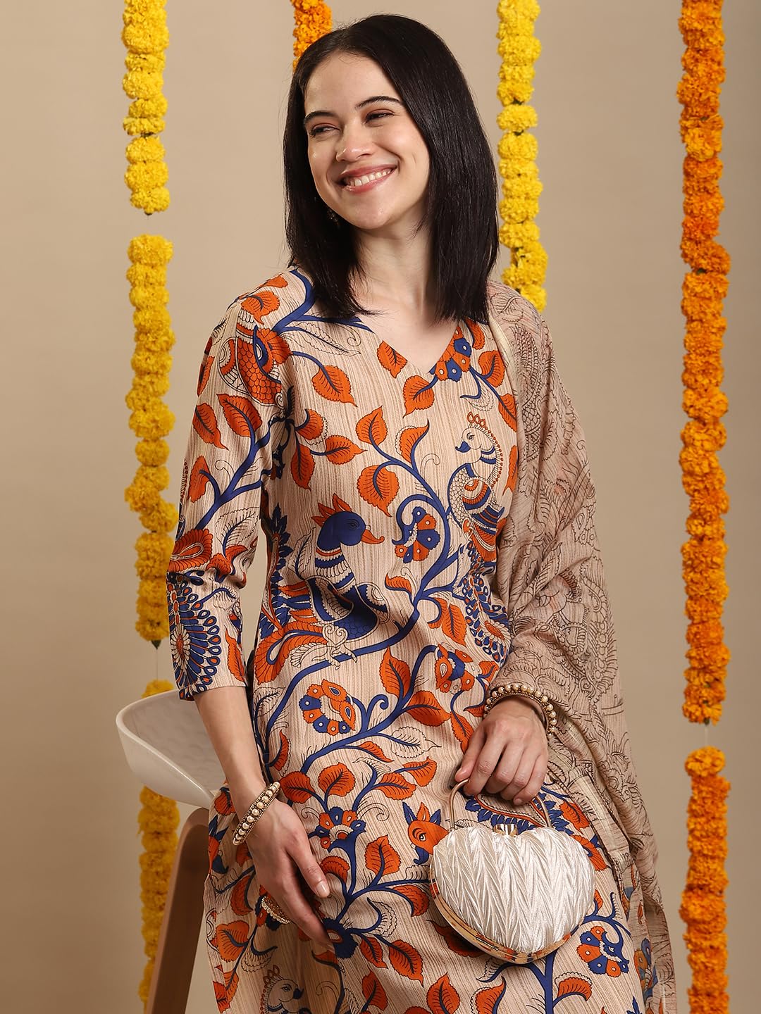 ANNI DESIGNER Ladies Rayon Blend Kurta with Trousers and Dupatta, beige, L