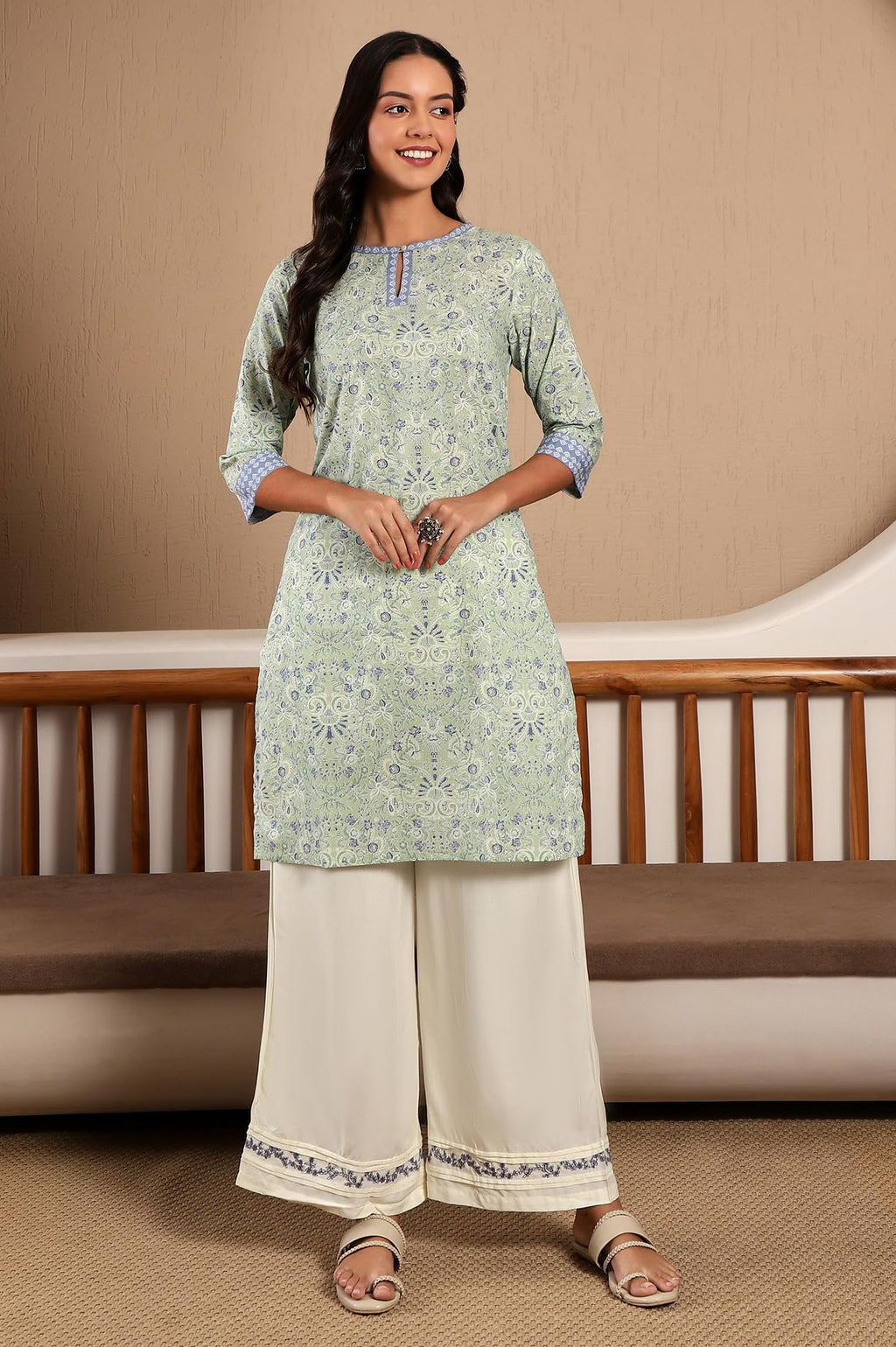 W For Woman Light Green Floral Printed Cotton Regular Kurta