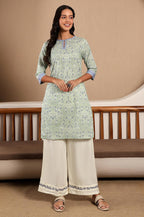 W For Woman Light Green Floral Printed Cotton Regular Kurta