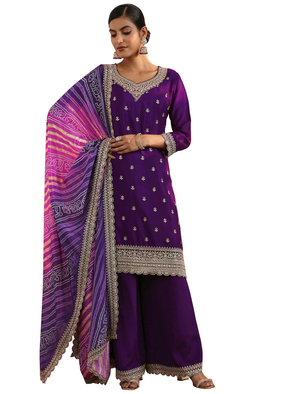 Libas Womens Embroidered Chinon Straight Kurta With Palazzos and Dupatta