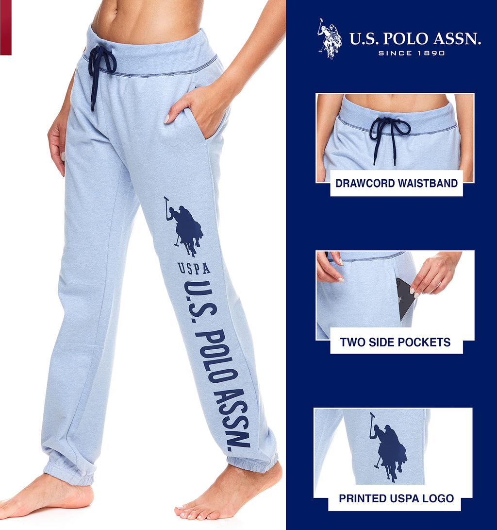 U.S. Polo Assn. Essentials Womens Lounge Pants with Pockets, French Terry Sweatpants for Women (Blue Yonder Heather, Large)