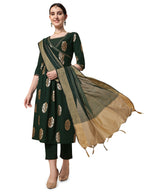 Nainvish Women'S Crepe Straight Square Neck Golden Printed Kurta Pant With Dupatta (Sd436_Kbd-Xl_Green)