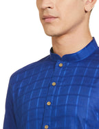Manyavar Blue Cotton Self Design Casual Kurta Set For Men