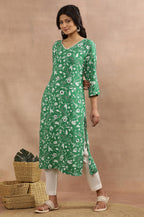W For Woman W Women Green Floral Print Viscose Straight Kurta