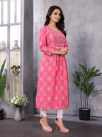 rangita Pink Cotton Calf Length Embroidered A-Line Kurti | Kurta for Women_S