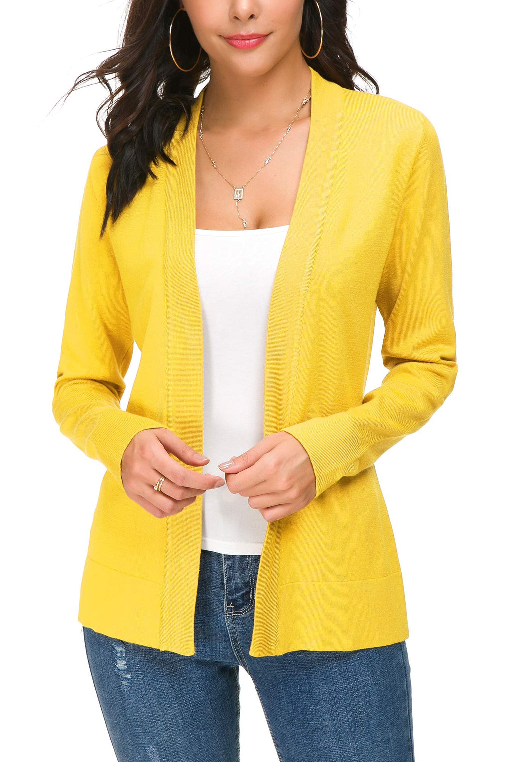Women's Knit Cardigan Open Front Sweater Coat Long Sleeve (L, Lemon Yellow)