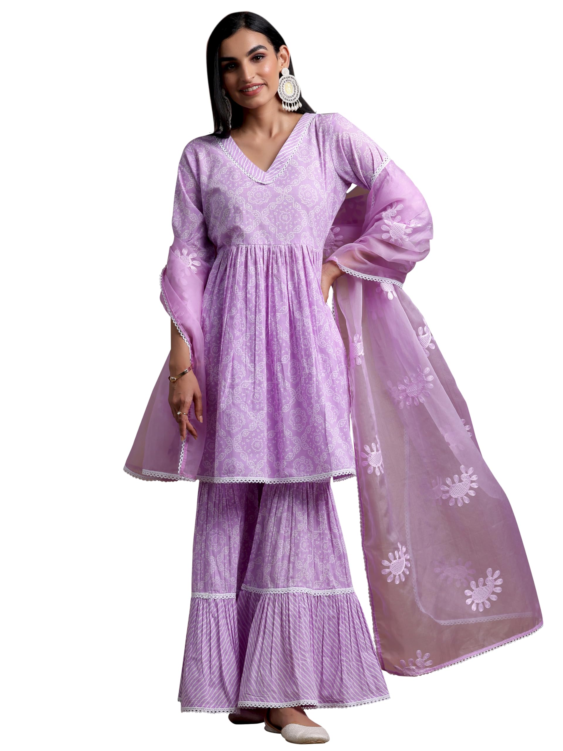 Libas Purple Printed Cotton A-Line Kurti With Sharara & Dupatta