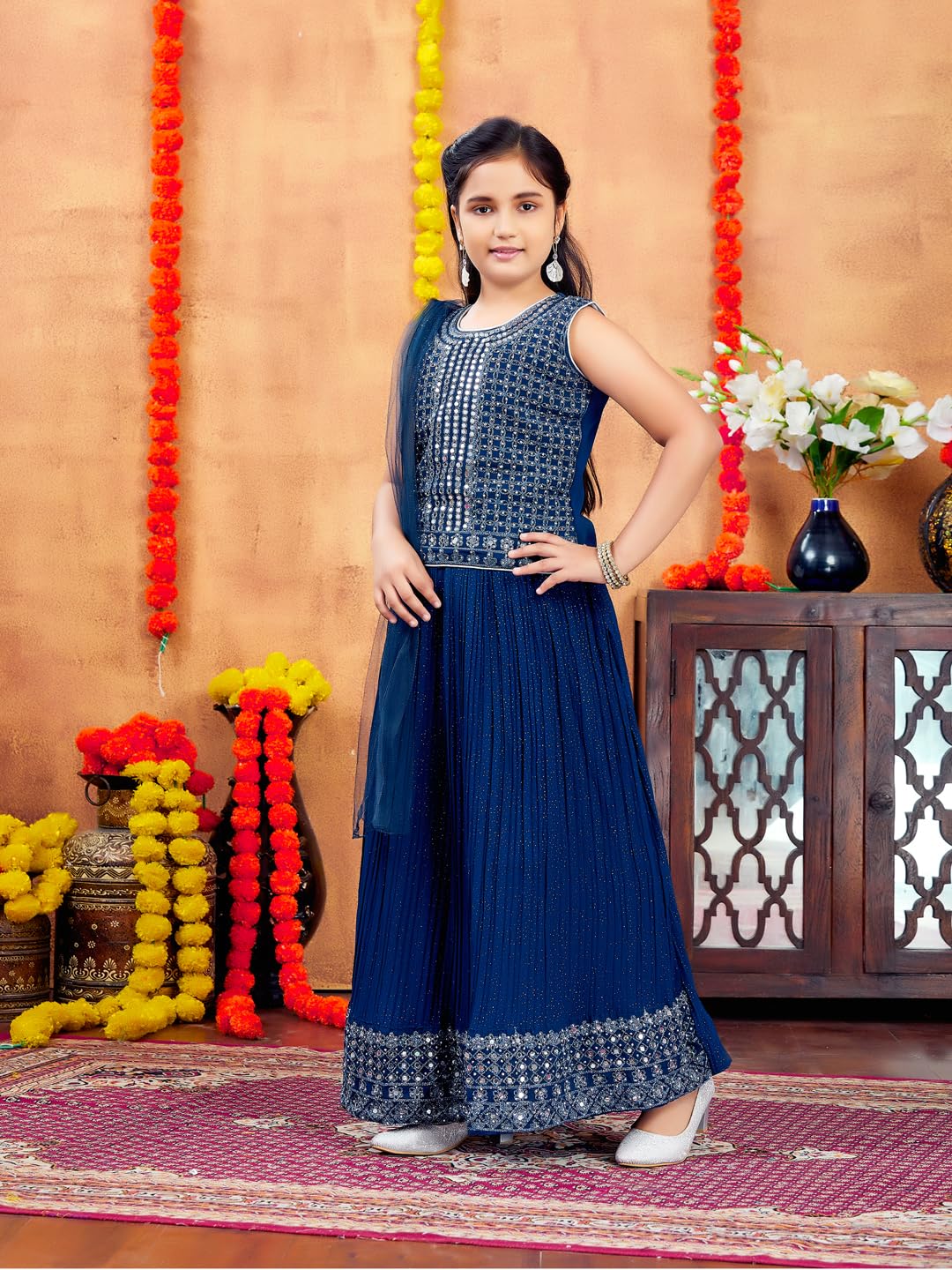 Aarika Girls Ethnic Wear Teal Blue Colour Mirror Embroidery Georgette Lehenga Choli Set (4-10 Years)
