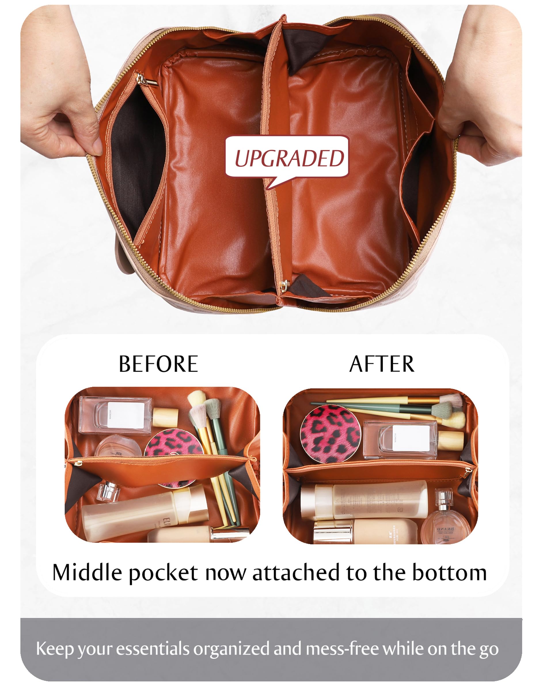 ALEXTINA Large Capacity Travel Cosmetic Bag - Portable Makeup Bags for Women Waterproof PU Leather Checkered Makeup Organizer Ba