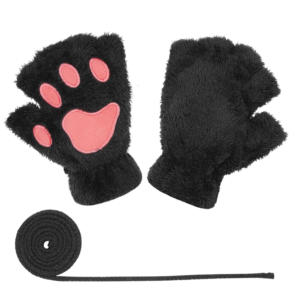 Himine Cat Claw Bear Paw Fingerless Winter Plush Gloves 1*Pair(Black)