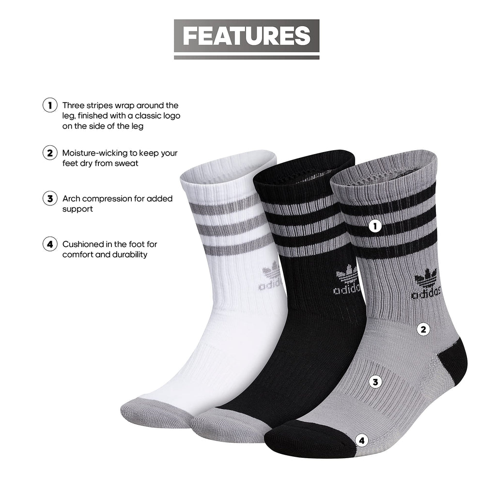 adidas Originals Men's Originals Roller 3-Pack Crew, Light Onix Grey/Black/White, Large