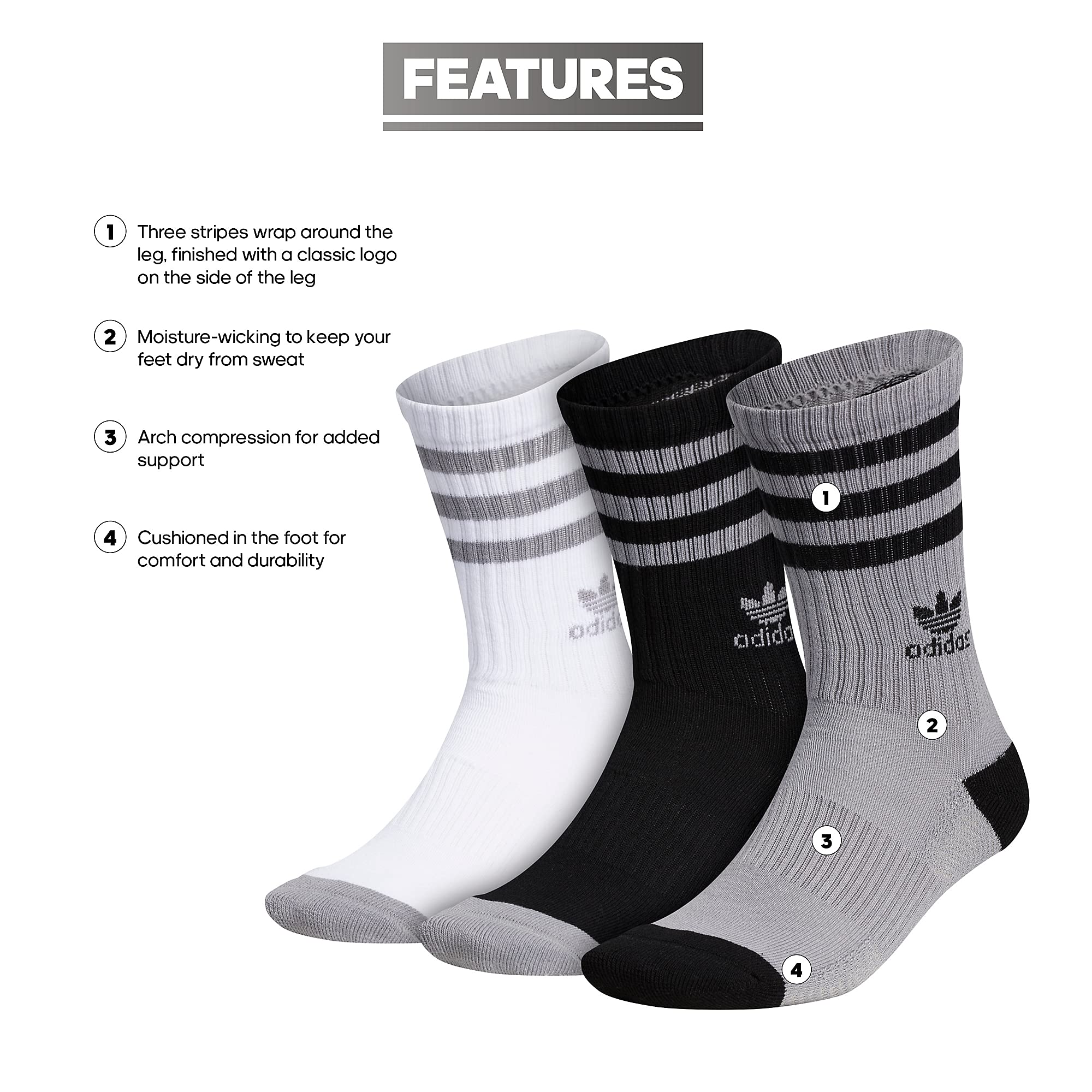 adidas Originals Men's Originals Roller 3-Pack Crew, Light Onix Grey/Black/White, Large